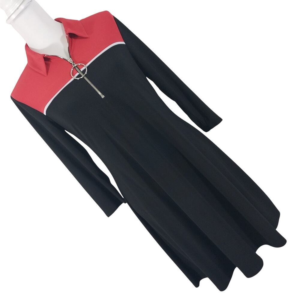 NWOT! MSK! BLACK, RED, WHITE COLOR BLOCKED ULTRA STRETCH ZIP FRONT DRESS! SZ S